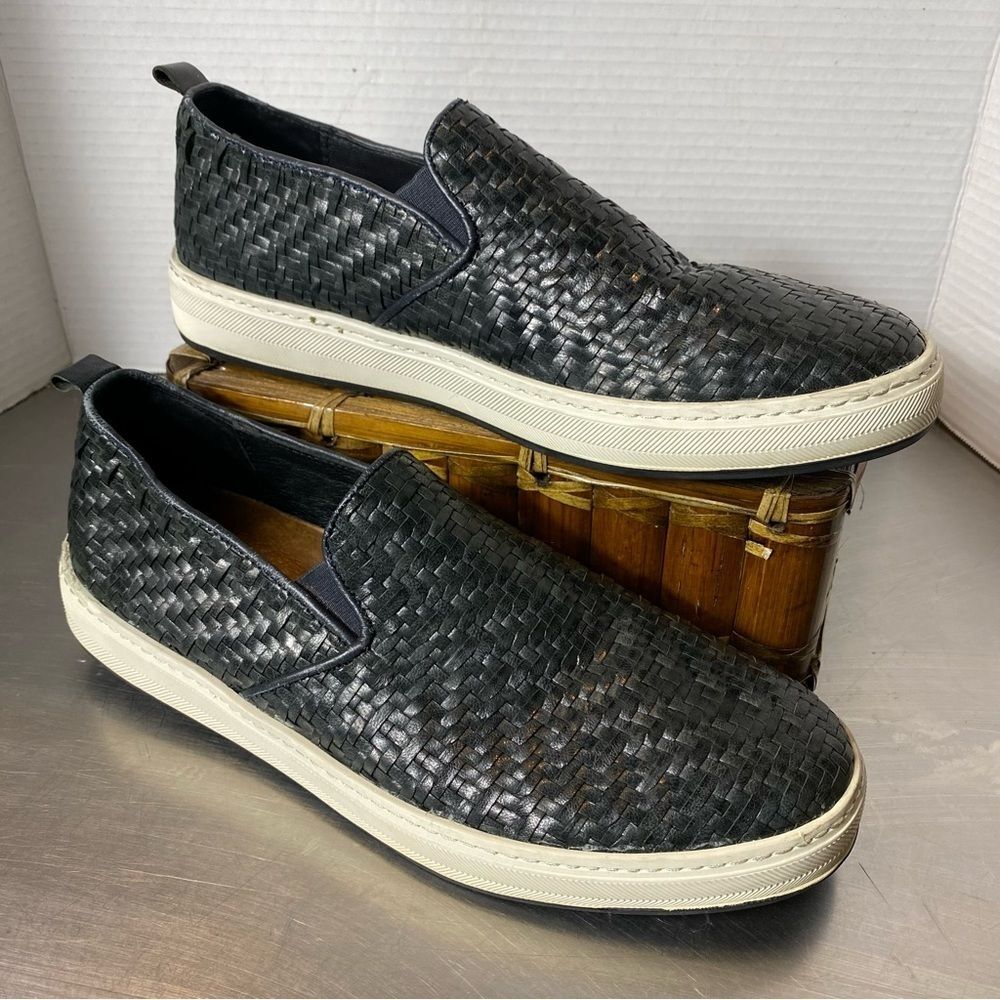 FRAU Italy Men's 9 Euro 42 Black Leather Slip On Treccia Sneakers Woven Loafers